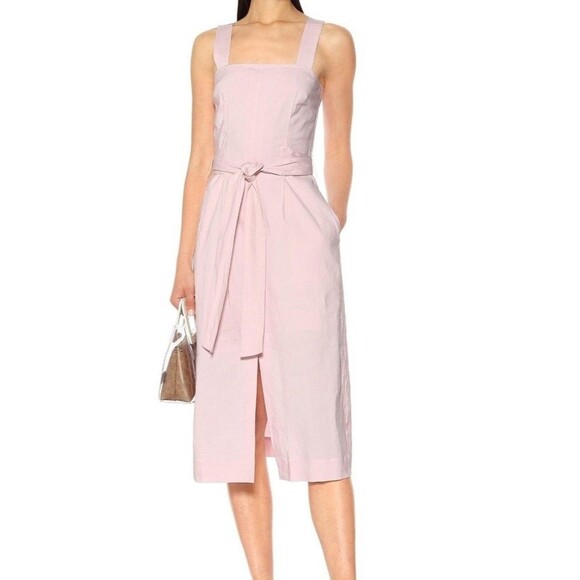 Vince Women's Size 10 Light Pink Belted Linen Blend Square Neck Midi Dress - Picture 1 of 10